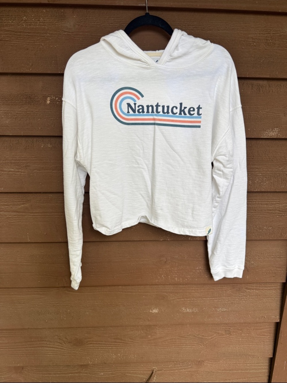 League Cream Cropped Hoodie with Blue and Orange Nantucket Logo